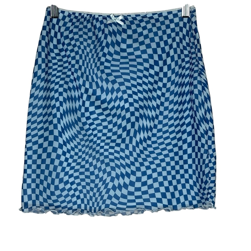 Wild Fable Mini Skirt Womens M Blue Optical Checker Psychedelic Y2K Sheer Lined